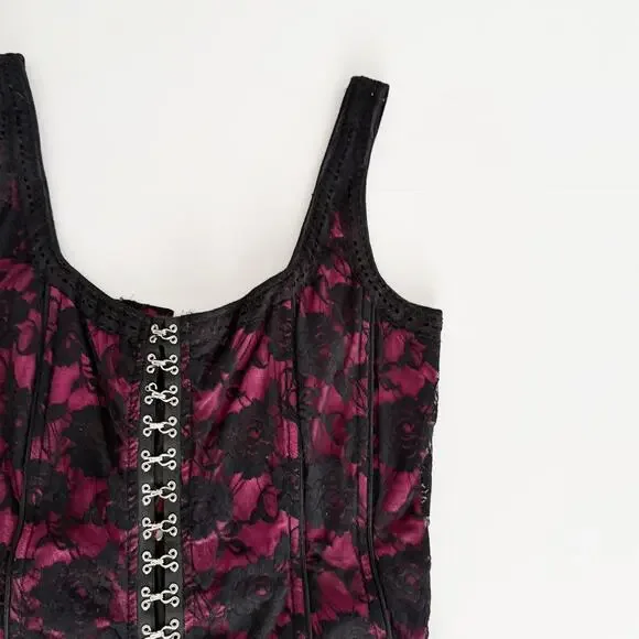 [Tripp NYC] Black Pink Y2K Floral Print Lace Hook & Eye Corset Top Size Large L - Picture 9 of 12
